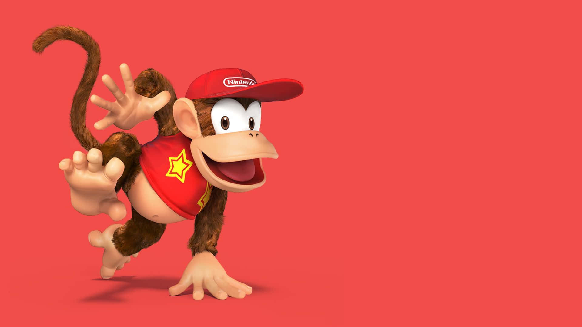 Diddy Kong 桌布 壁紙 — 一隻戴紅帽穿紅衫的開心3D渲染猴子，在純紅色背景上充滿活力地揮手。