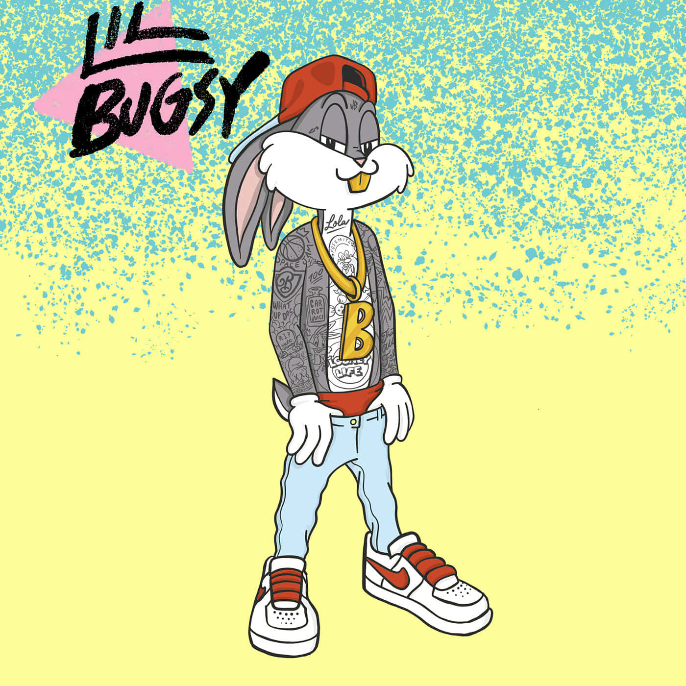 Bugs Bunny Supreme 桌布 壁紙 — 一隻戴紅帽金鏈的卡通兔自信地站在斑點黃藍背景前。