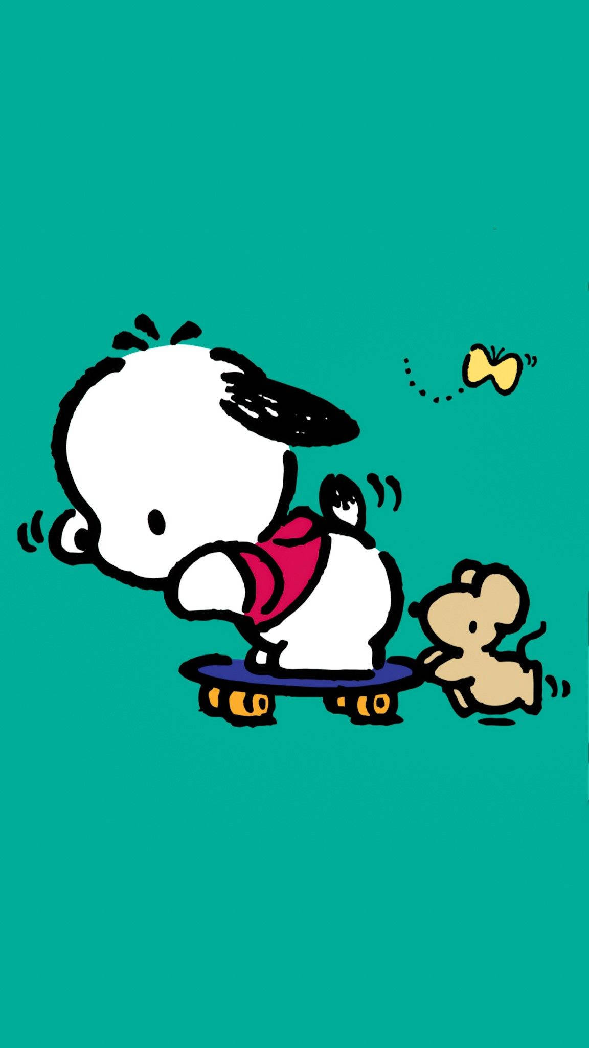 Pochacco 桌布 壁紙 — 一隻戴紅色圍巾的卡通狗踩著滑板，旁邊有一隻小老鼠在跑，背景是青綠色。