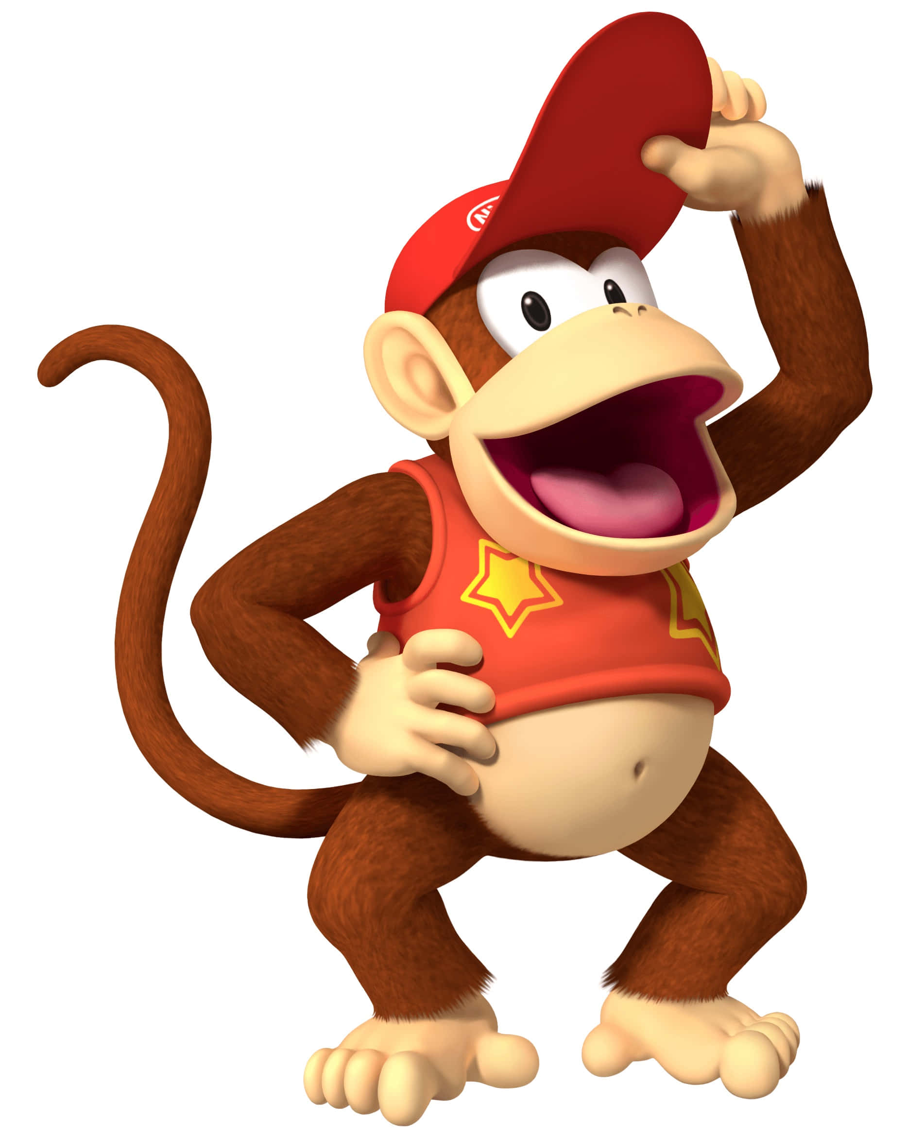 Diddy Kong 桌布 壁紙 — 一隻戴紅色帽子和背心的開心卡通猴子，在白色背景上單手敬禮，露出燦爛笑容。