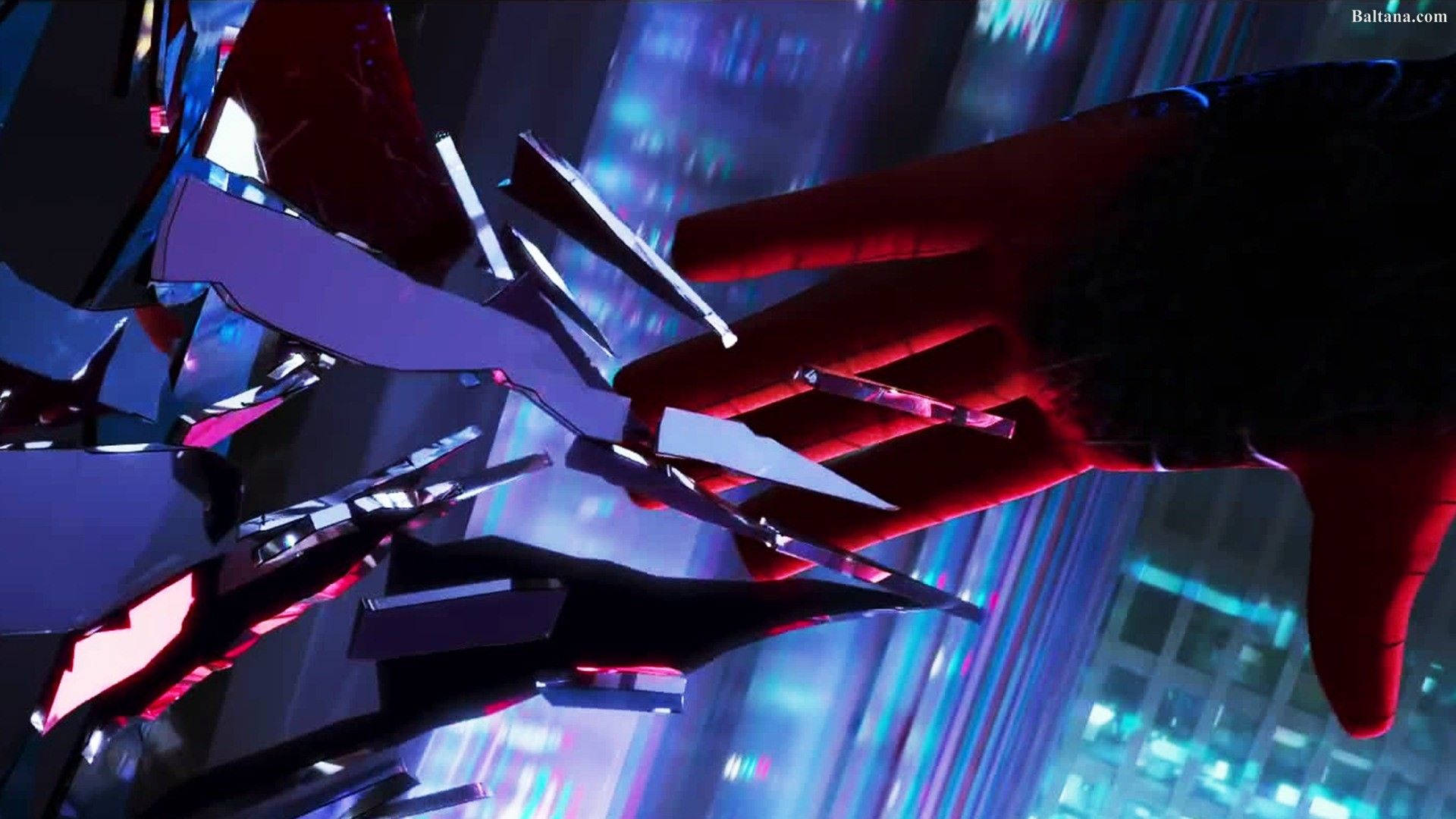 Into The Spider Verse 桌布 壁紙 — 一隻戴紅色手套的手在夜晚發光的霓虹城市景觀中擊碎反射表面。