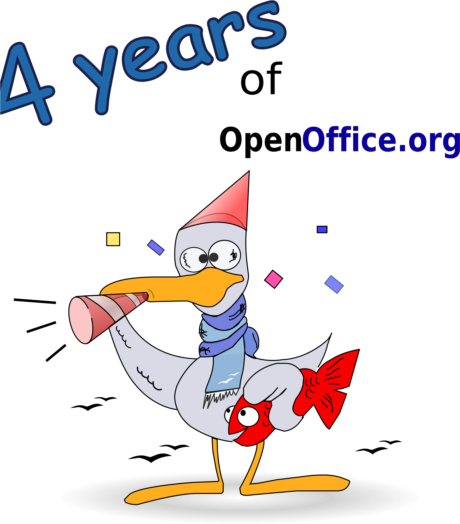 Celebrate 桌布 壁紙 — 一隻戴紅色派對帽和藍色圍巾的卡通海鷗，吹著條紋喇叭，手持一條紅魚，背景為黑色，配有五彩紙屑和文字。