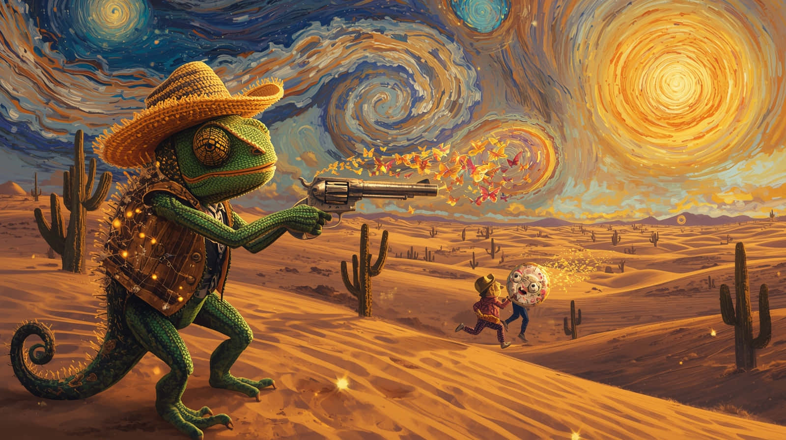 Post Impressionist Chameleon Cowboy Wild West Landscape Wallpaper 壁紙 — 一隻戴草帽和背心的綠色變色龍在旋轉星空下的沙漠中向逃跑的孩子開槍。