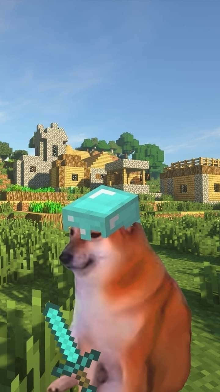 傷心 桌布 壁紙 — 一隻戴著Minecraft鑽石頭盔並手持鑽石劍的狗，站在像素化的草地上，背景有村莊建築。