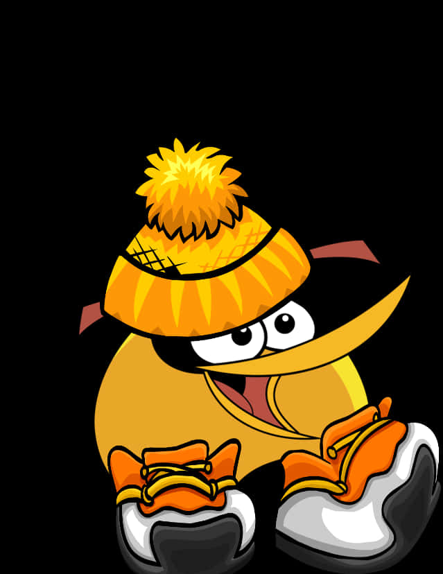 Angry Birds 桌布 壁紙 — 一隻戴著亮橙色冬季帽子和靴子的快樂卡通企鵝在黑色背景上微笑。