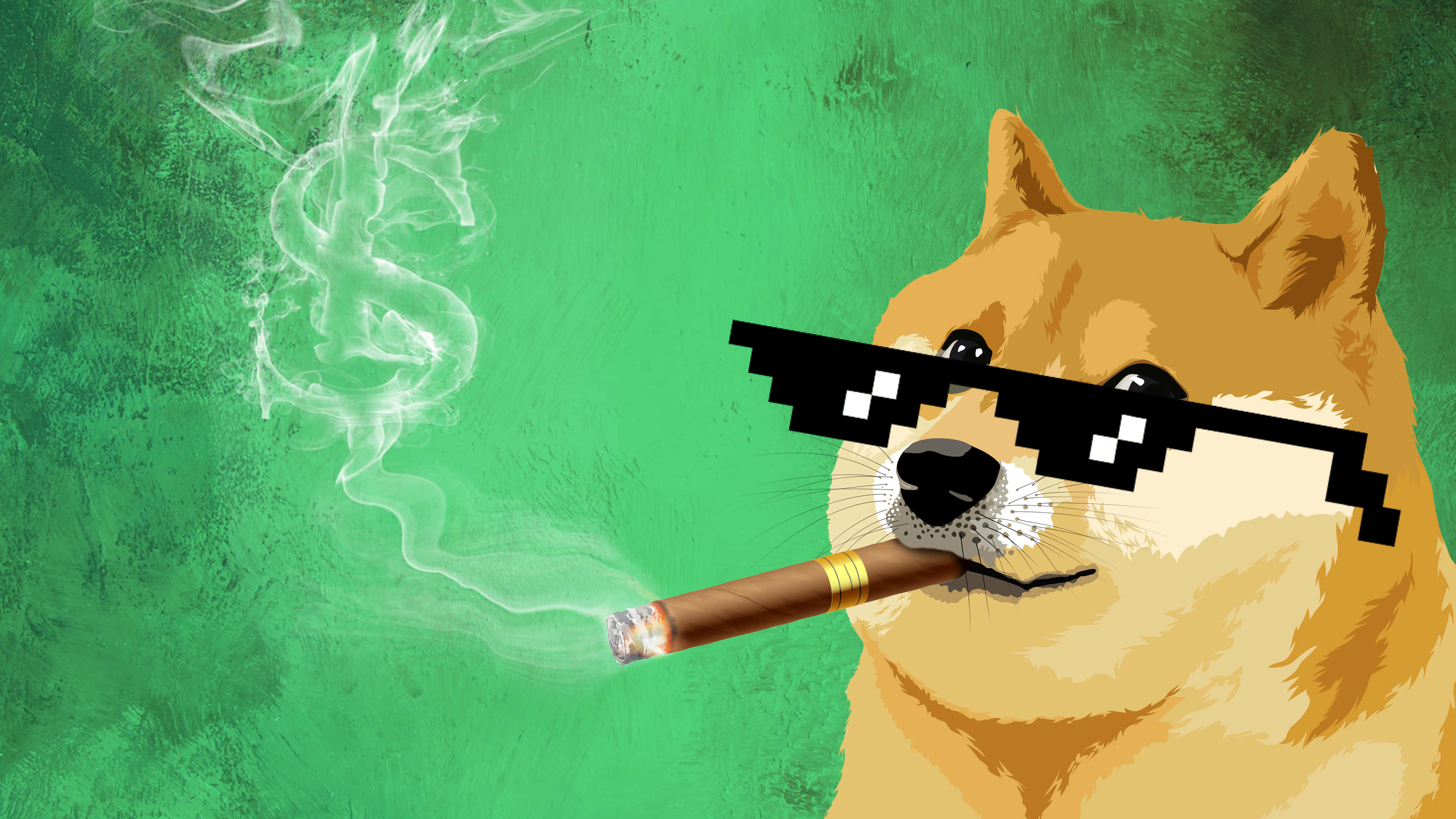 meme 桌布 壁紙 — 一隻戴著像素太陽眼鏡的柴犬，在帶有紋理的綠色背景前抽雪茄，煙霧形成美元符號。