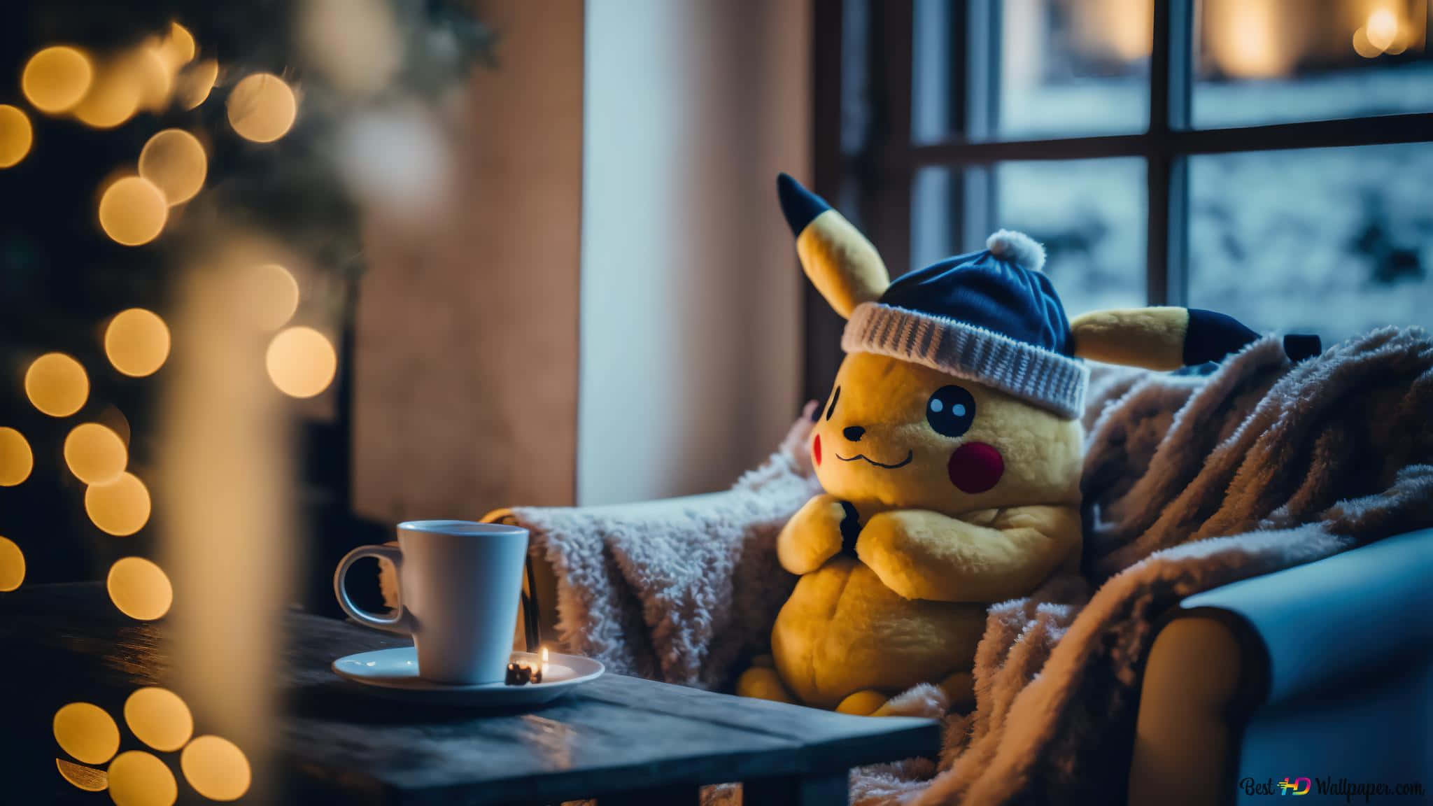 Pokemon Toys 桌布 壁紙 — 一隻戴著冬帽的舒適皮卡丘毛絨玩具坐在毯子上，旁邊放著一杯冒熱氣的杯子，附近有閃爍的仙女燈。