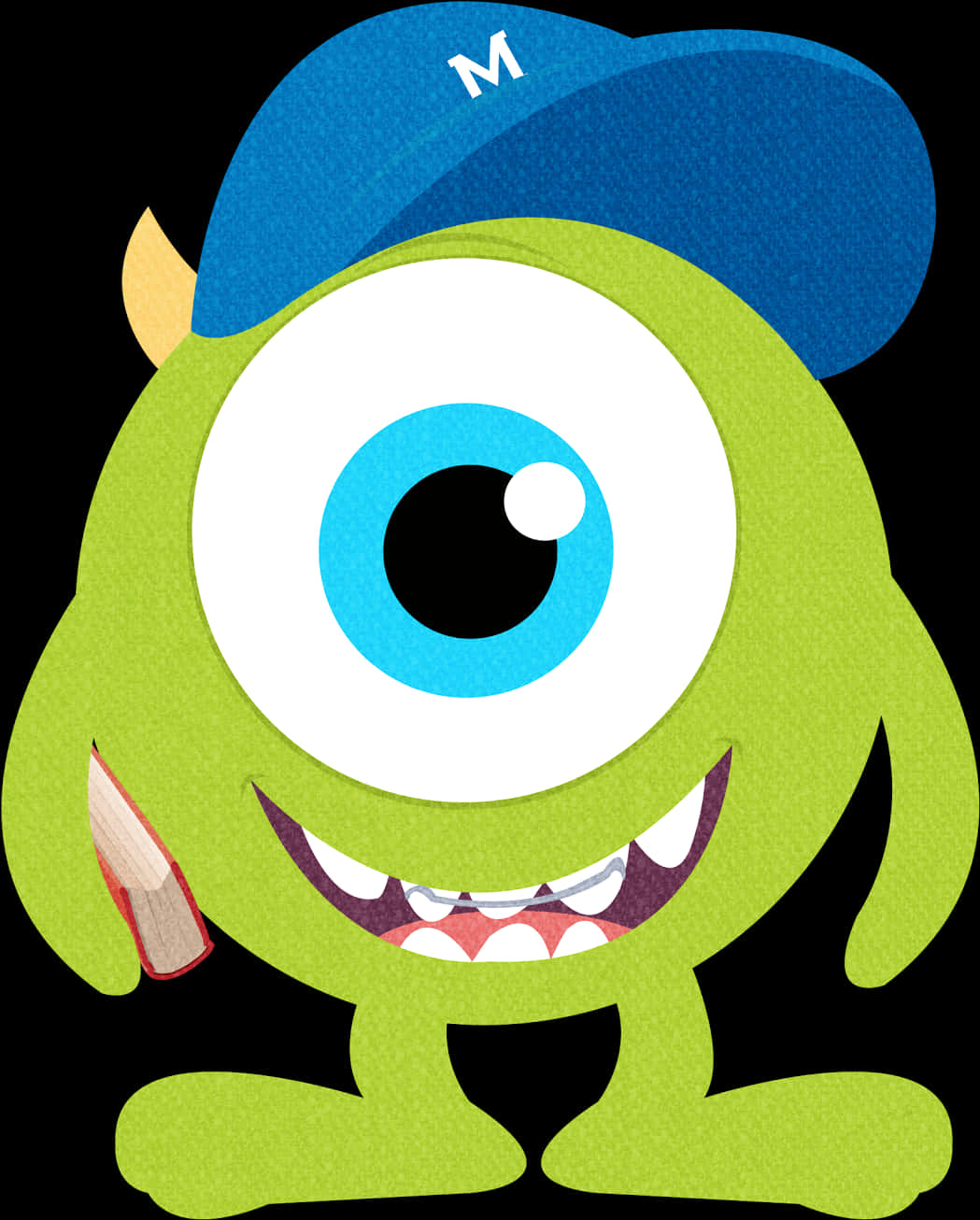 monsters 桌布 壁紙 — 一隻戴著印有M字的藍色帽子、手持鉛筆、對著黑色背景的開心綠色單眼怪物。