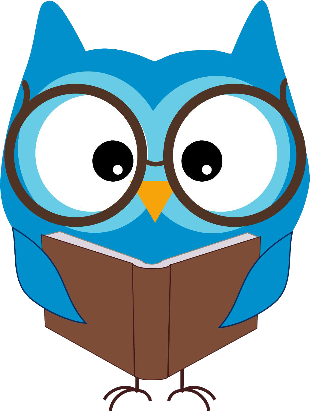 owls 桌布 壁紙 — 一隻戴著圓眼鏡的開心藍色卡通貓頭鷹，在純白色背景上專注地閱讀一本棕色書。
