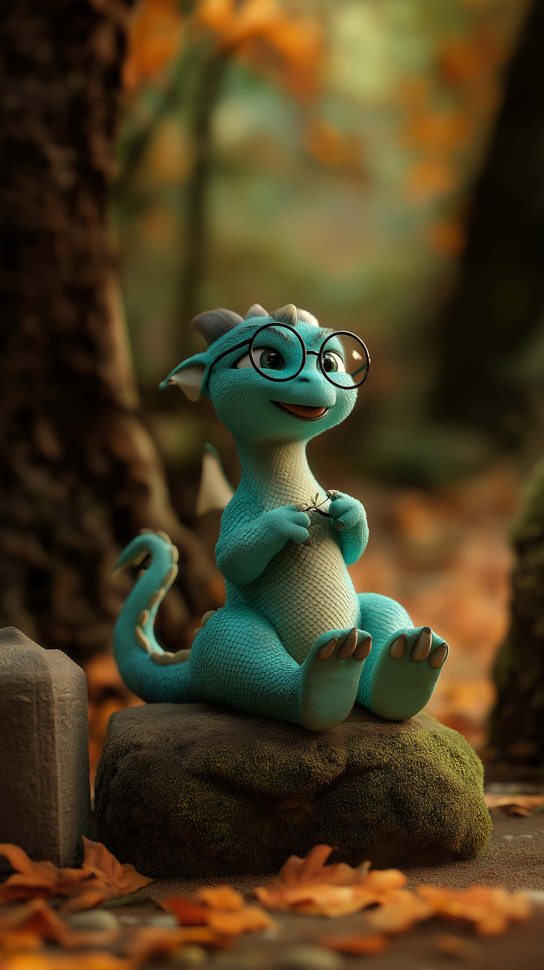Thoughtful Dragon Character Sitting on Stone in Forest 壁紙 — 一隻戴著圓眼鏡的開心青綠色龍，盤腿坐在森林中被秋葉環繞的長滿青苔的石頭上。
