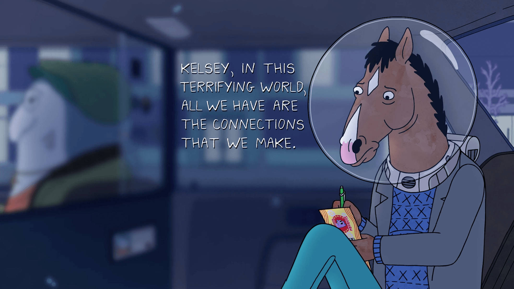 bojack 桌布 壁紙 — 一隻戴著太空頭盔的卡通馬坐在車裡，拿著一本筆記本，上面有關於人際關係的語錄。