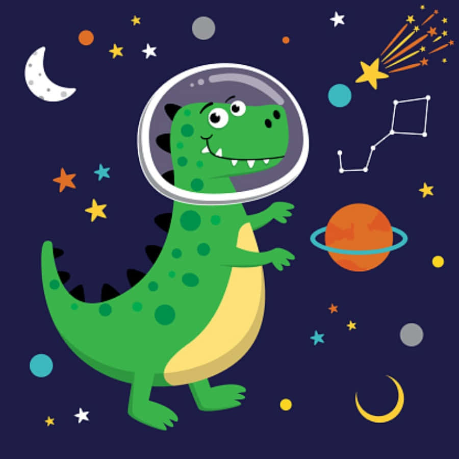 壁紙 — 一隻戴著太空頭盔的快樂綠色卡通恐龍，在色彩繽紛的星星、行星和彎月中漂浮，構成一個有趣的宇宙場景。