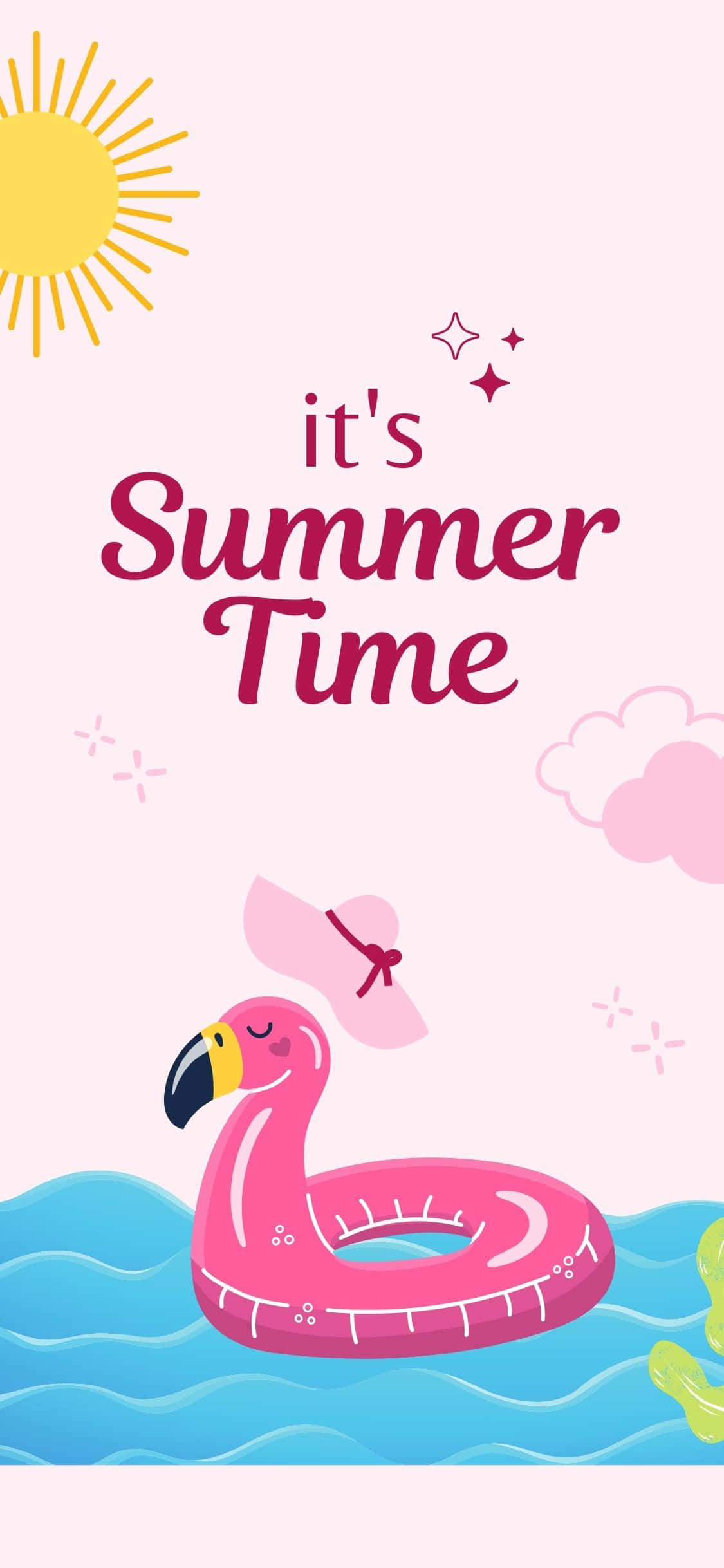 Summer Phone 桌布 壁紙 — 一隻戴著太陽帽的粉紅色火鶴浮圈在藍色波浪中漂浮，上方有黃色太陽和文字 it's Summer Time。