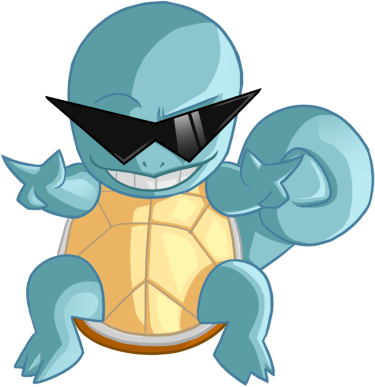Squirtle 桌布 壁紙 — 一隻戴著太陽眼鏡、咧嘴大笑的卡通烏龜在黑色背景前自信地擺姿勢。
