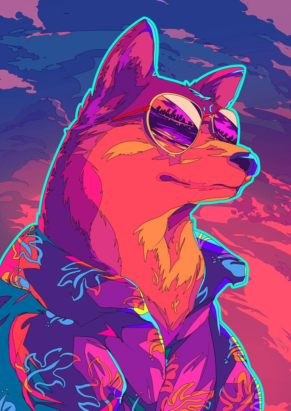 Profile 桌布 壁紙 — 一隻戴著太陽眼鏡和圖案襯衫的風格化狐狸站在充滿活力的紫色和粉紅色天空前。