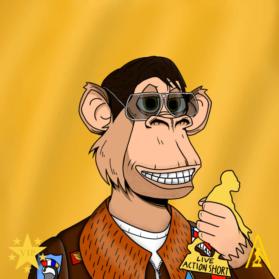Cartoon 桌布 壁紙 — 一隻戴著太陽眼鏡和外套的卡通猴子，在純黃色背景前拿著一個金色奧斯卡獎座。