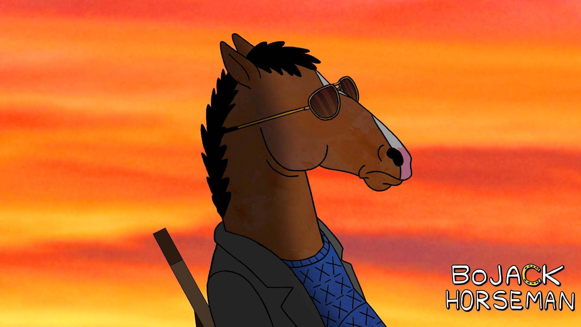 bojack 桌布 壁紙 — 一隻戴著太陽眼鏡和外套的卡通馬站在充滿活力的橙色日落天空前。