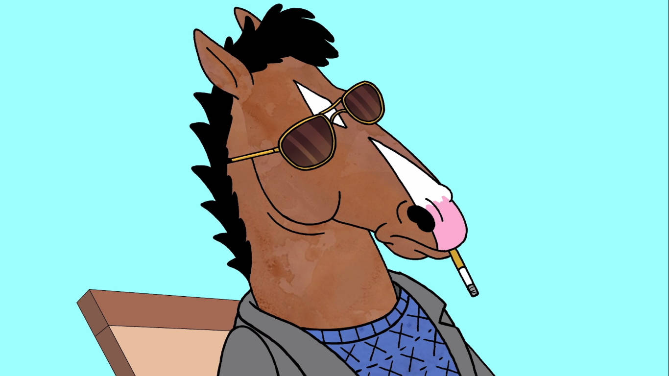 bojack 桌布 壁紙 — 一隻戴著太陽眼鏡和抽煙的卡通馬，懶洋洋地躺在椅子上，背景是純青色。