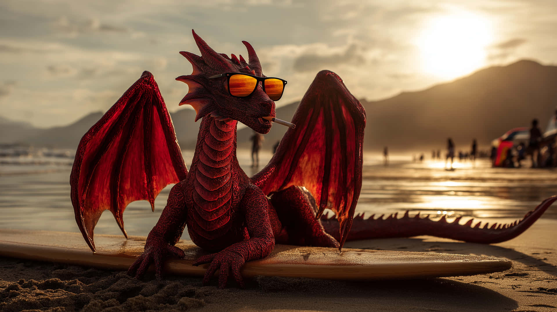 Relaxed Dragon Enjoying a Sunset on a Tropical Shore 壁紙 — 一隻戴著太陽眼鏡和抽煙的紅色龍在日落時分躺在擠滿人的海灘的衝浪板上。