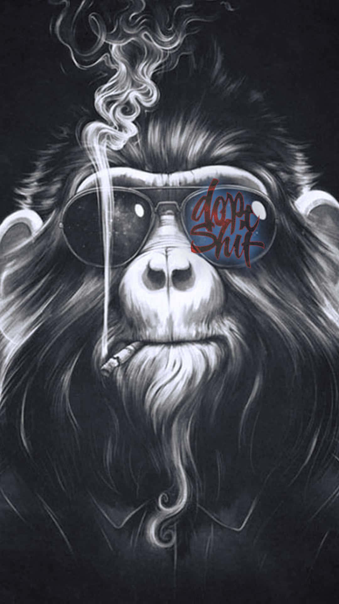 Monkey iPhone 桌布 壁紙 — 一隻戴著太陽眼鏡和抽煙的風格化猴子，在黑暗背景中伴隨著旋轉的煙霧。