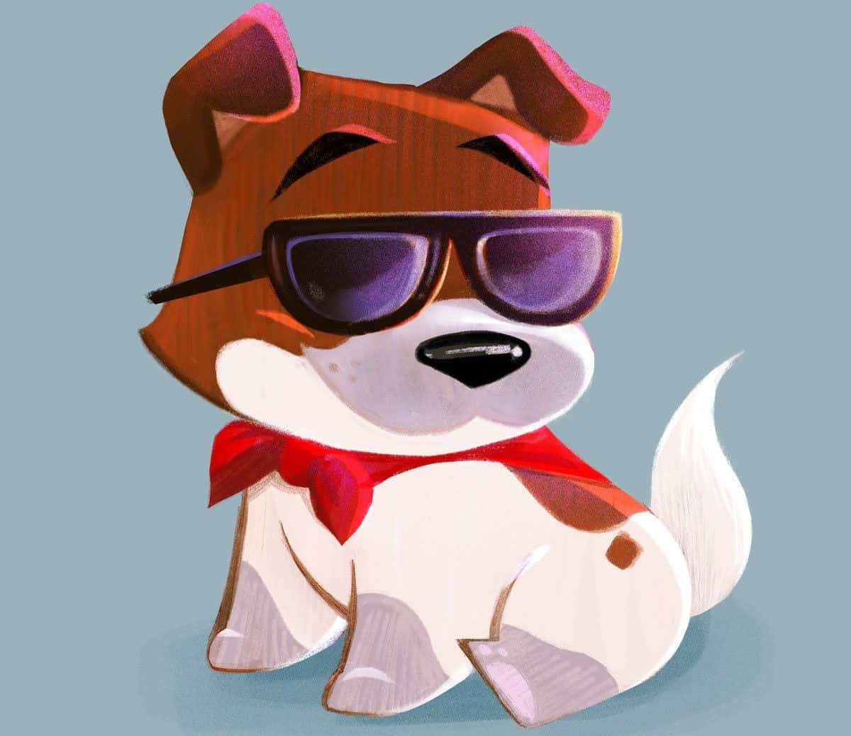oliver and company 桌布 壁紙 — 一隻戴著太陽眼鏡和紅色蝴蝶結的酷卡通狗，自信地坐在柔和的藍色背景前。