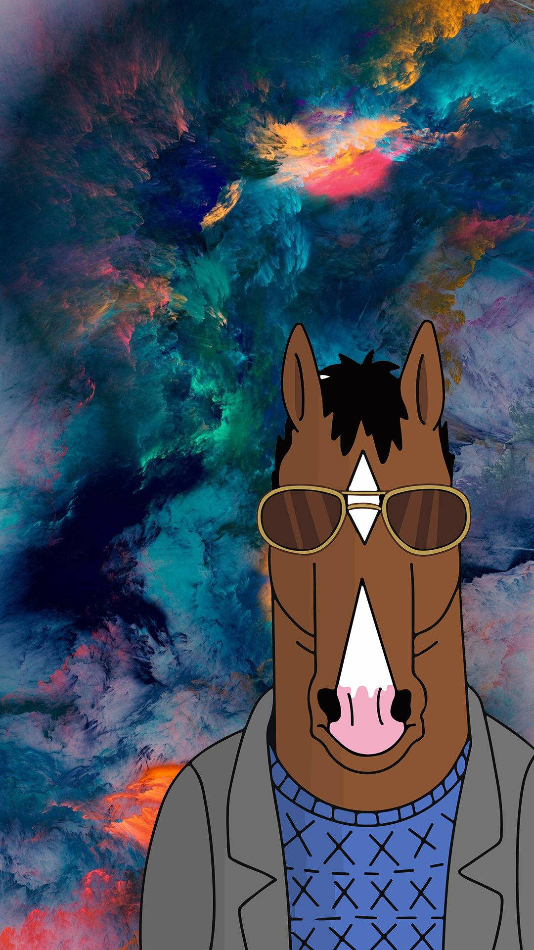 bojack 桌布 壁紙 — 一隻戴著太陽眼鏡和西裝外套的卡通馬站在充滿活力的宇宙星雲背景前。