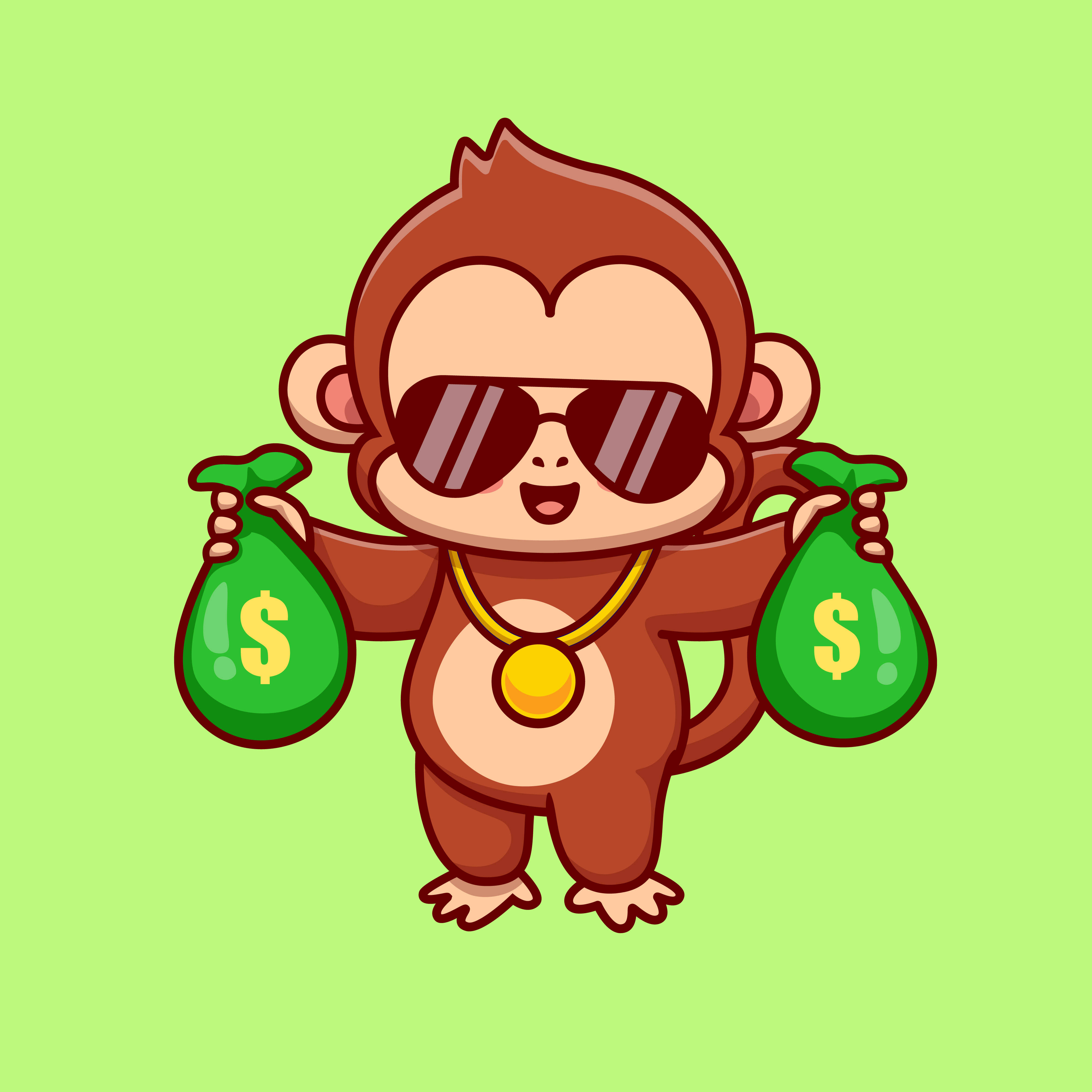 Baby Monkey 桌布 壁紙 — 一隻戴著太陽眼鏡和金鏈的卡通猴子，在淺綠色背景上拿著兩個帶有美元符號的綠色錢袋。
