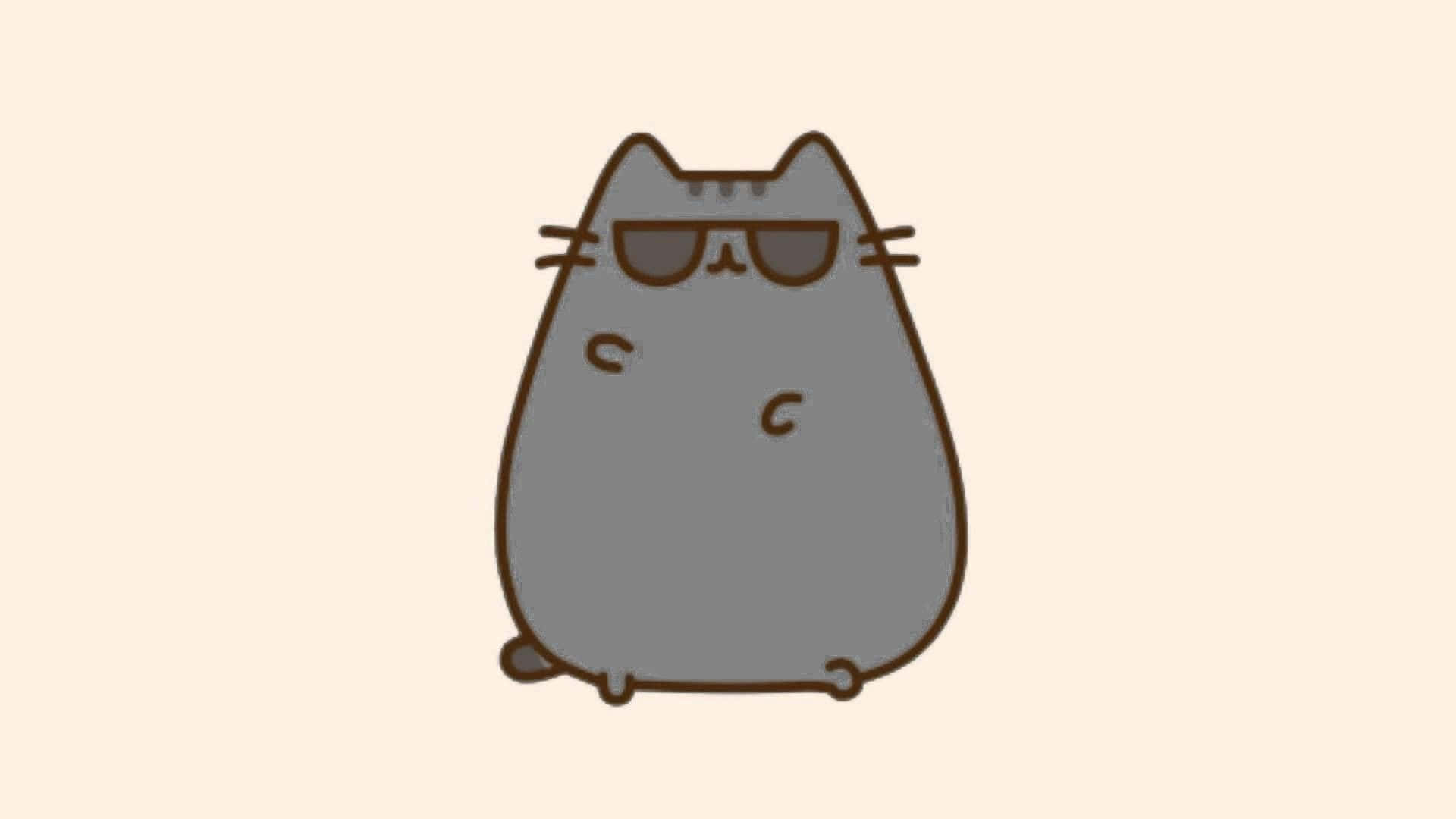 戴著太陽眼鏡的胖乎乎灰色卡通貓咪在米色背景上 — Pusheen 動圖 壁紙