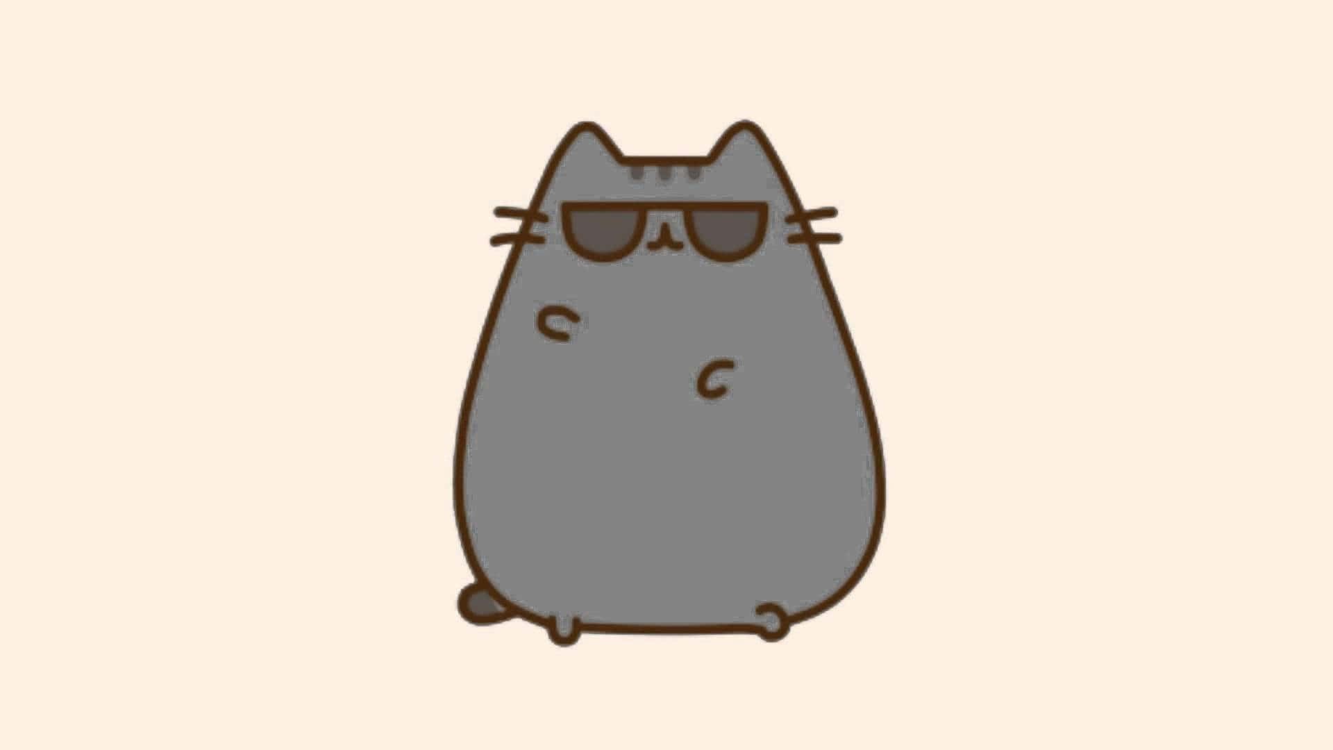 pusheen 動圖 桌布 壁紙 — 一隻戴著太陽眼鏡的胖灰色卡通貓咪，靜靜地坐在柔和的米色背景前。