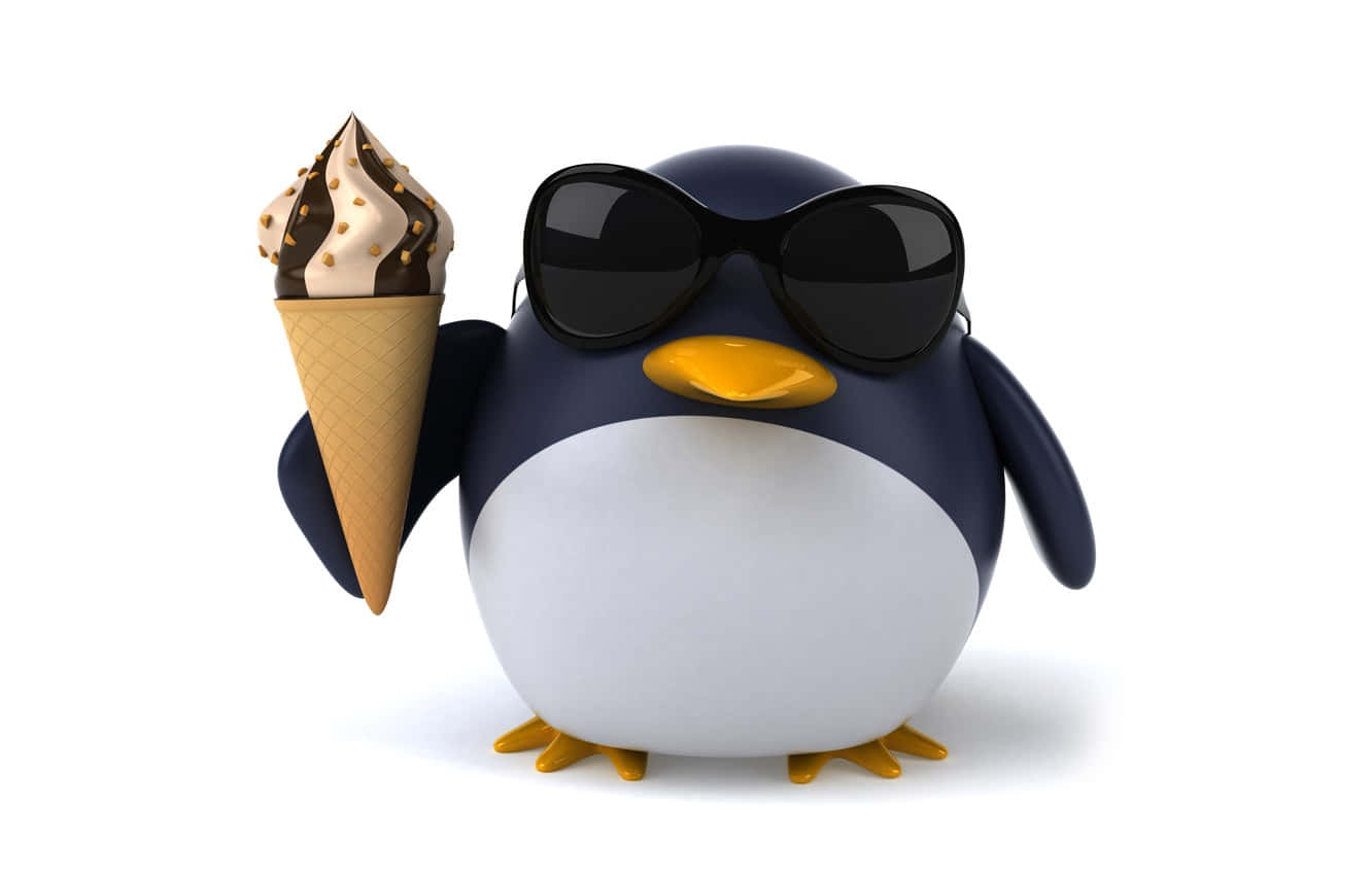 Ice Cream 桌布 壁紙 — 一隻戴著太陽眼鏡的酷炫3D渲染企鵝，在白色背景前拿著一個巧克力脆片冰淇淋甜筒。