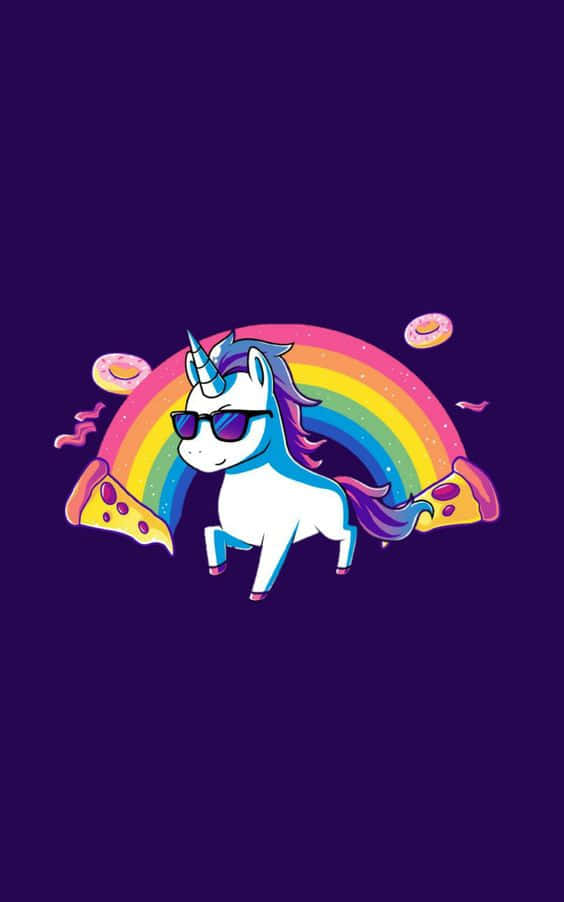獨角獸 桌布 壁紙 — 一隻戴著太陽眼鏡的酷炫卡通獨角獸站在彩虹前，兩側有披薩片和漂浮的甜甜圈，背景為紫色。