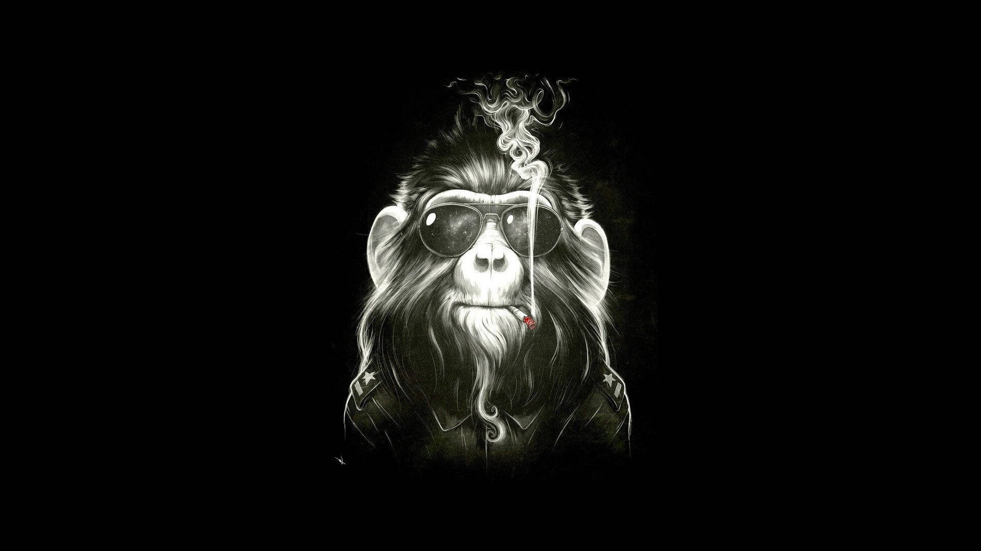 動物 桌布 壁紙 — 一隻戴著太陽眼鏡的風格化猴子在黑色背景上抽煙，煙霧繚繞。