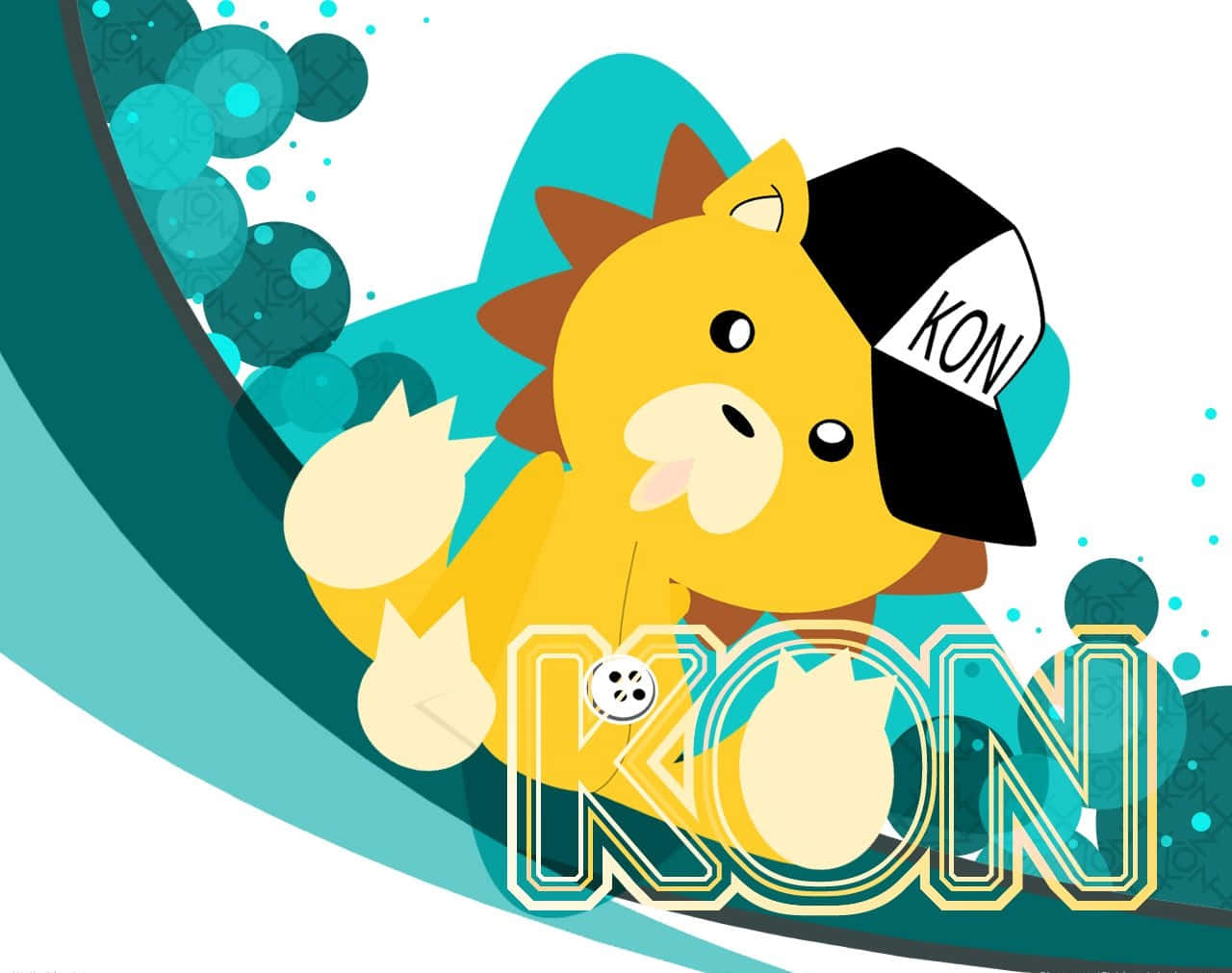Bleach Kon 桌布 壁紙 — 一隻戴著寫有KON的黑色帽子的快樂黃色卡通獅子，騎在帶有泡泡效果的風格化藍綠色波浪上。