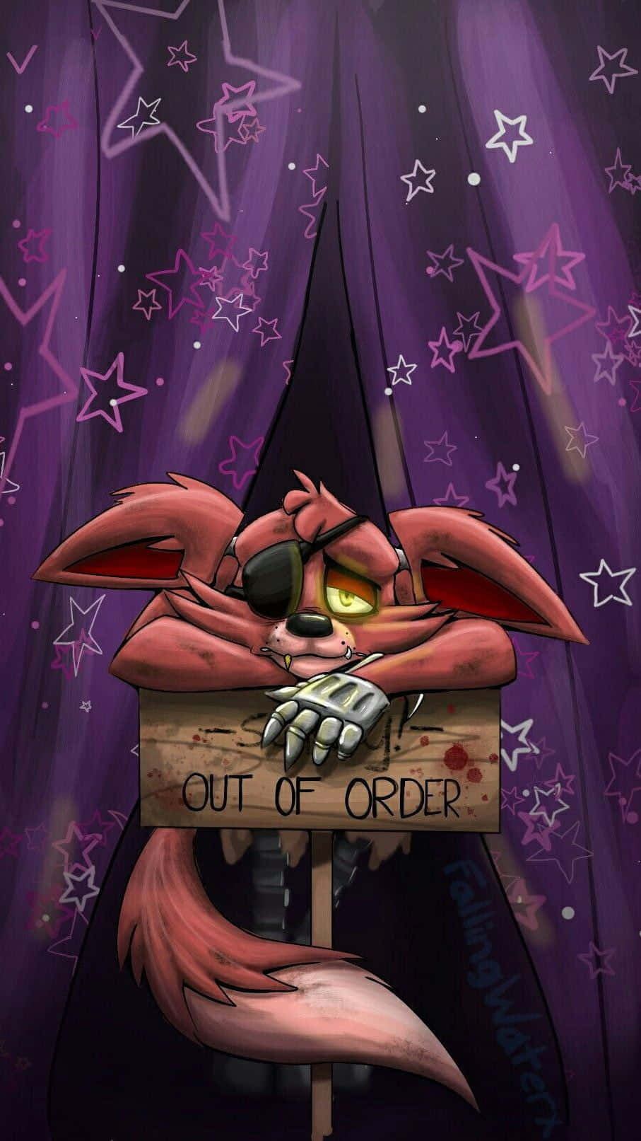 Foxy 桌布 壁紙 — 一隻戴著巫師帽和太陽眼鏡的卡通狐狸，在紫色星空簾幕前舉著「故障」標誌。