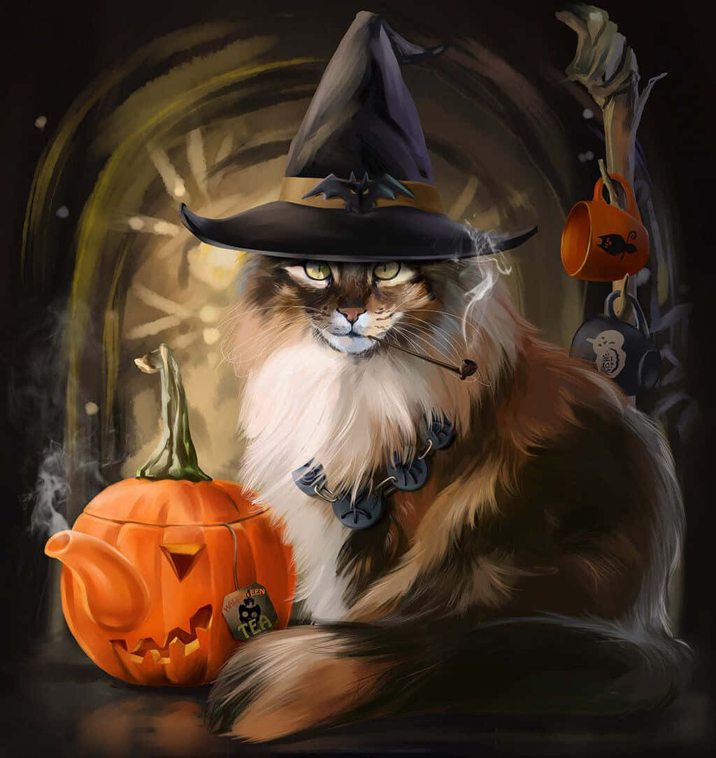 Halloween Cat 桌布 壁紙 — 一隻戴著巫師帽的毛茸茸貓咪，在詭異的萬聖節場景中，在傑克南瓜燈茶壺旁邊抽煙斗。
