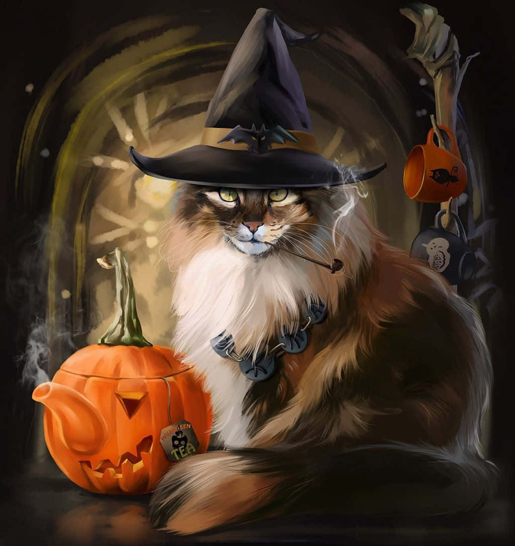 Halloween Cat 桌布 壁紙 — 一隻戴著巫師帽的毛茸茸貓咪，在陰森的萬聖節場景中，在雕刻南瓜茶壺旁抽煙斗。