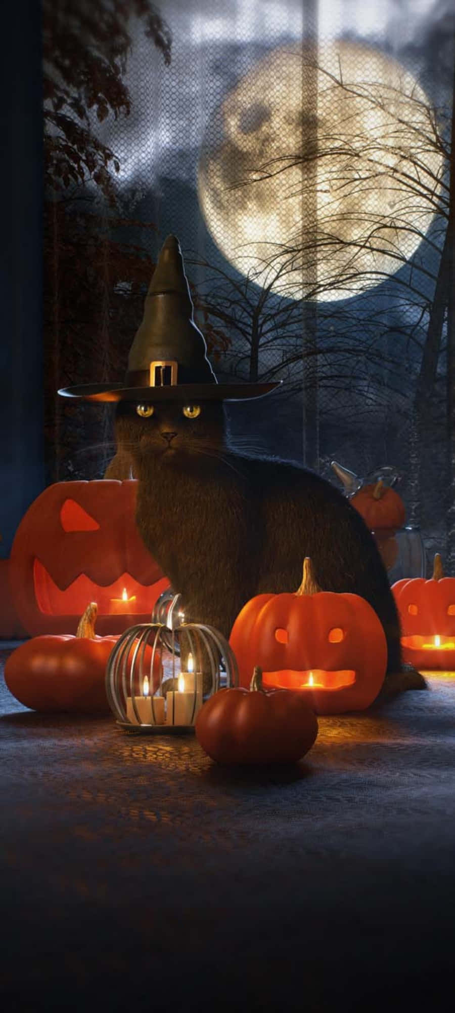 Halloween Cat 桌布 壁紙 — 一隻戴著巫師帽的黑貓坐在滿月下發光的南瓜燈之間，營造出詭異的夜晚場景。