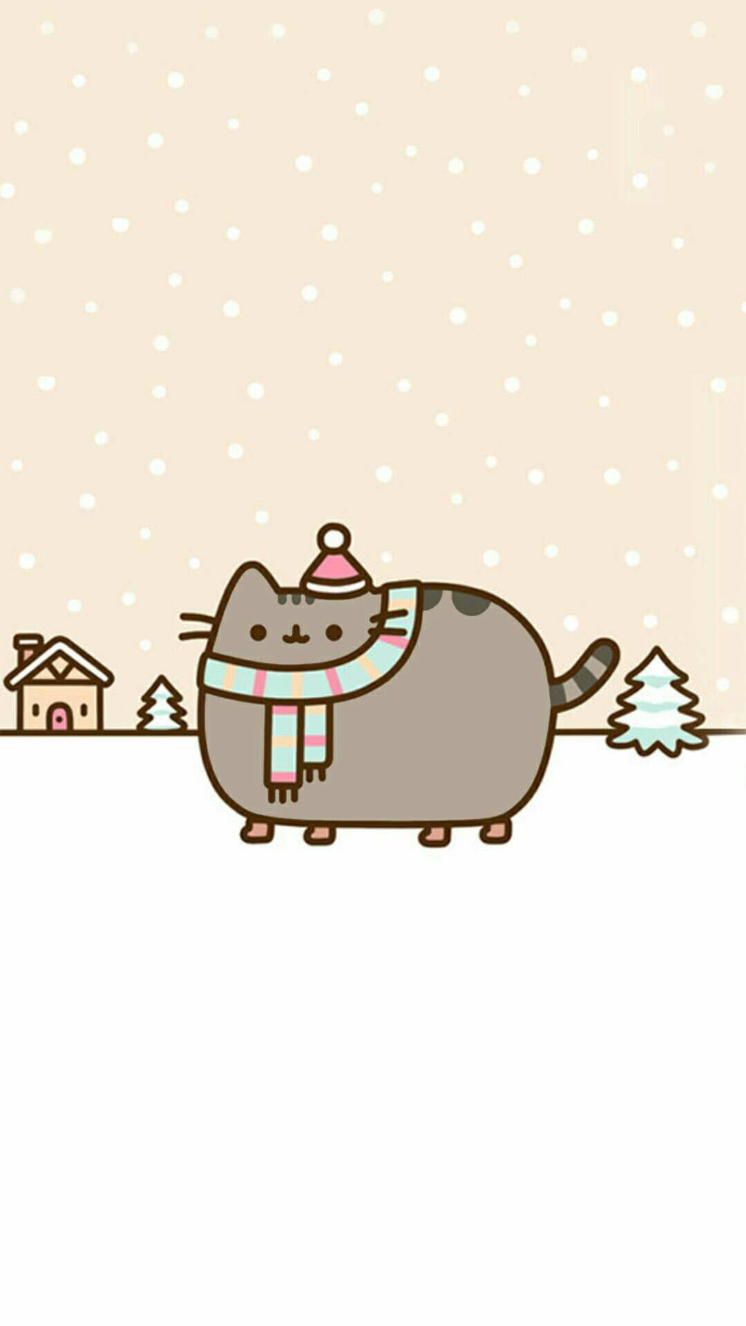 pusheen 動圖 桌布 壁紙 — 一隻戴著帽子和圍巾的可愛卡通貓咪站在有房屋和樹木的雪景冬季場景中。