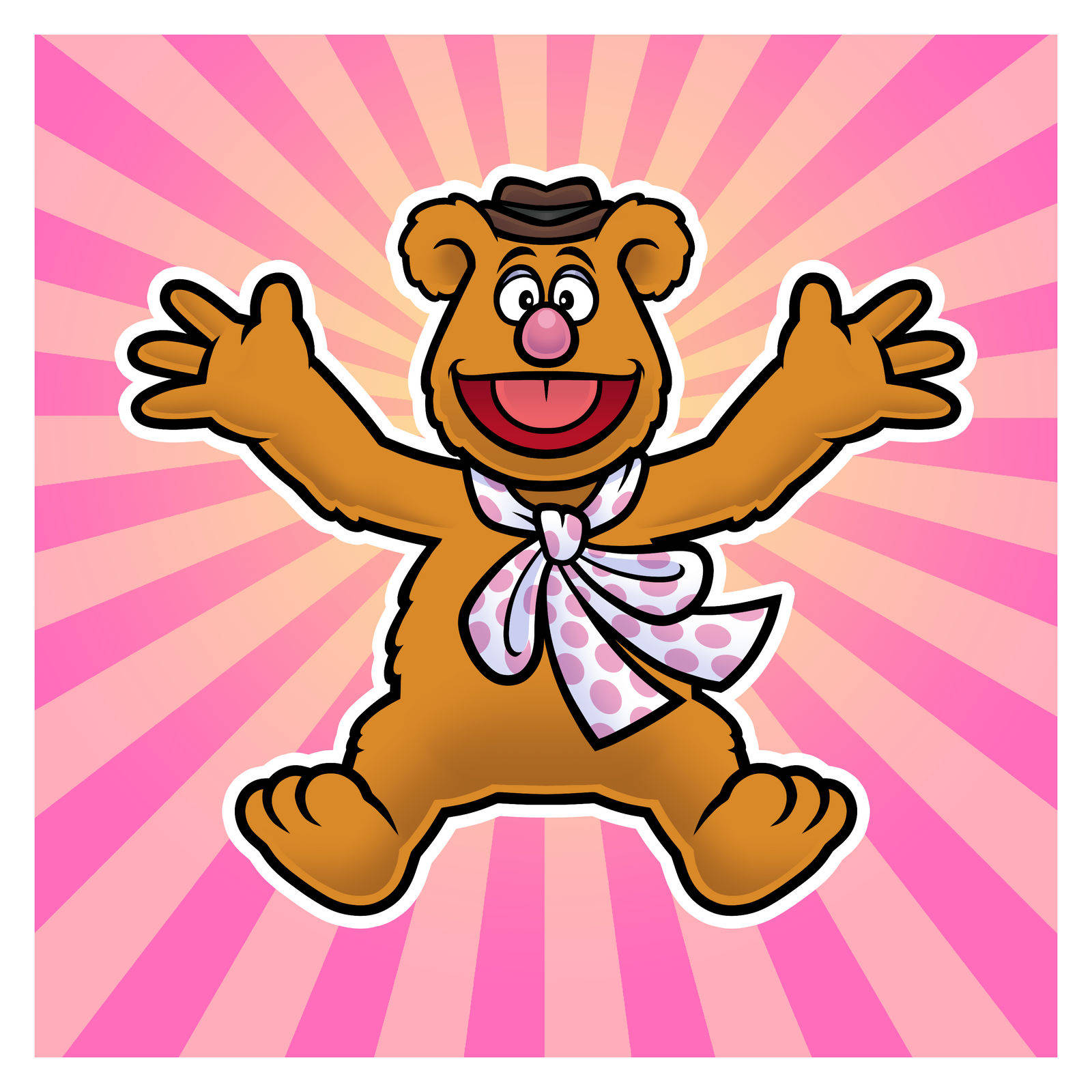 Fozzie Bear 桌布 壁紙 — 一隻戴著帽子和圓點圍巾的開心卡通熊，在充滿活力的粉紅色陽光背景下歡快地跳躍。