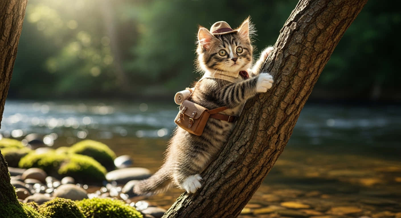 A cat sitting on Tree in a beautiful forest 壁紙 — 一隻戴著帽子和皮質斜背包的虎斑小貓緊貼在陽光照耀的河邊、長滿苔蘚岩石旁的樹幹上。