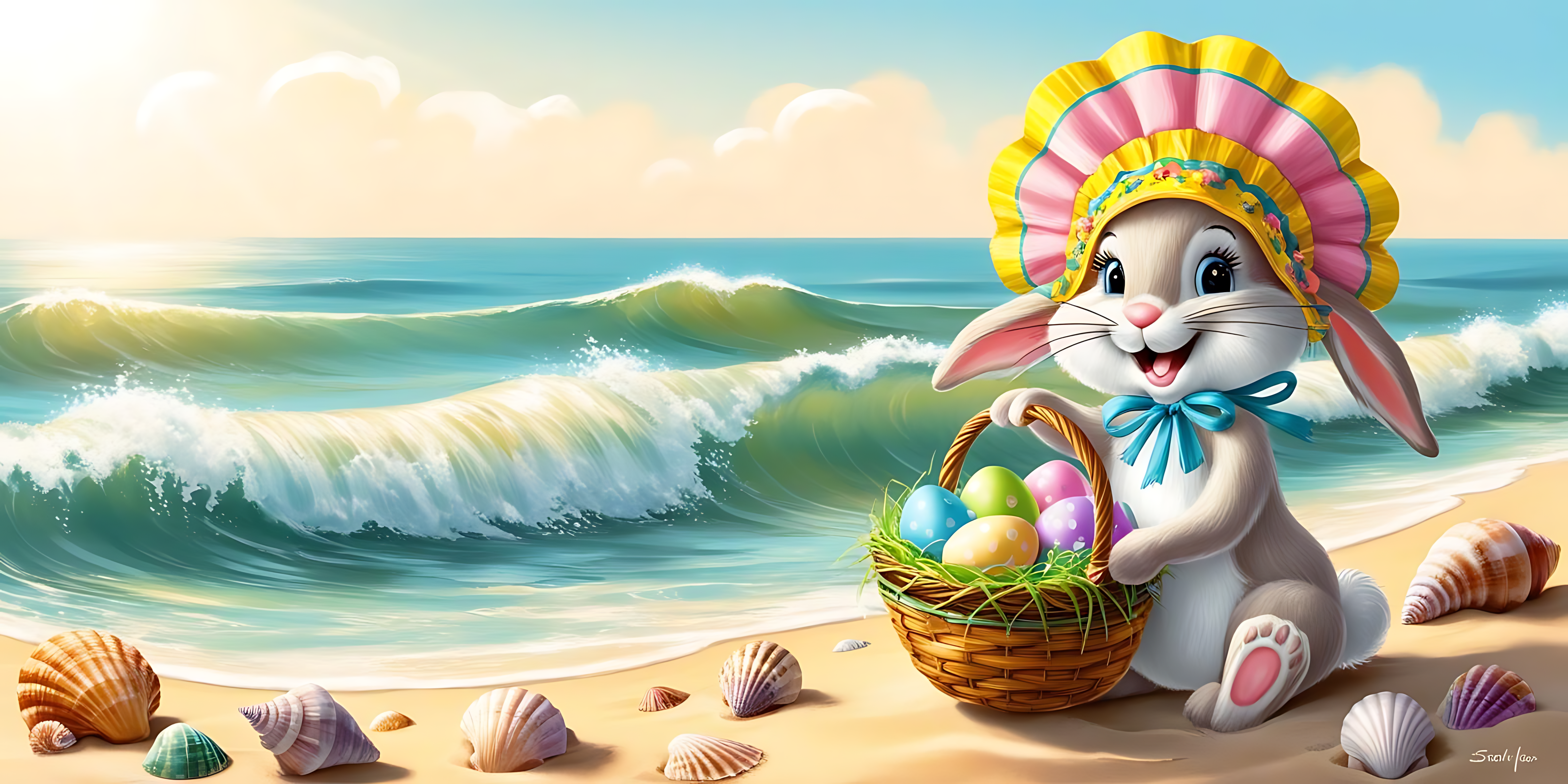 Easter 桌布 壁紙 — 一隻戴著彩色帽子的快樂卡通兔，在陽光明媚的海灘上拿著一籃復活節蛋，海浪拍打，貝殼散落。