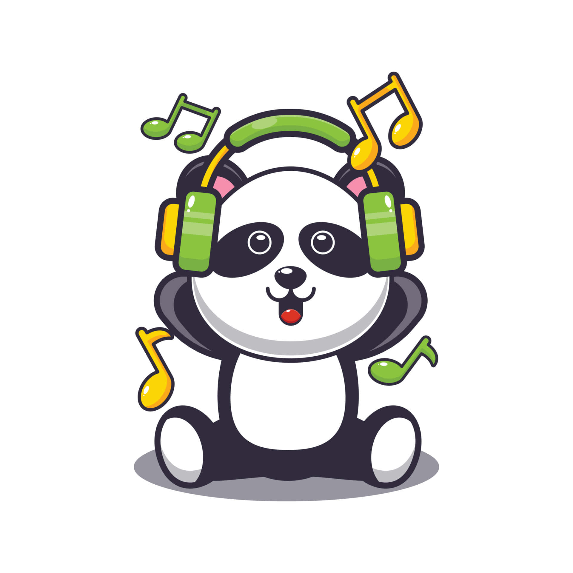 Cartoon Music 桌布 壁紙 — 一隻戴著彩色耳機的開心卡通熊貓，周圍漂浮著音符。