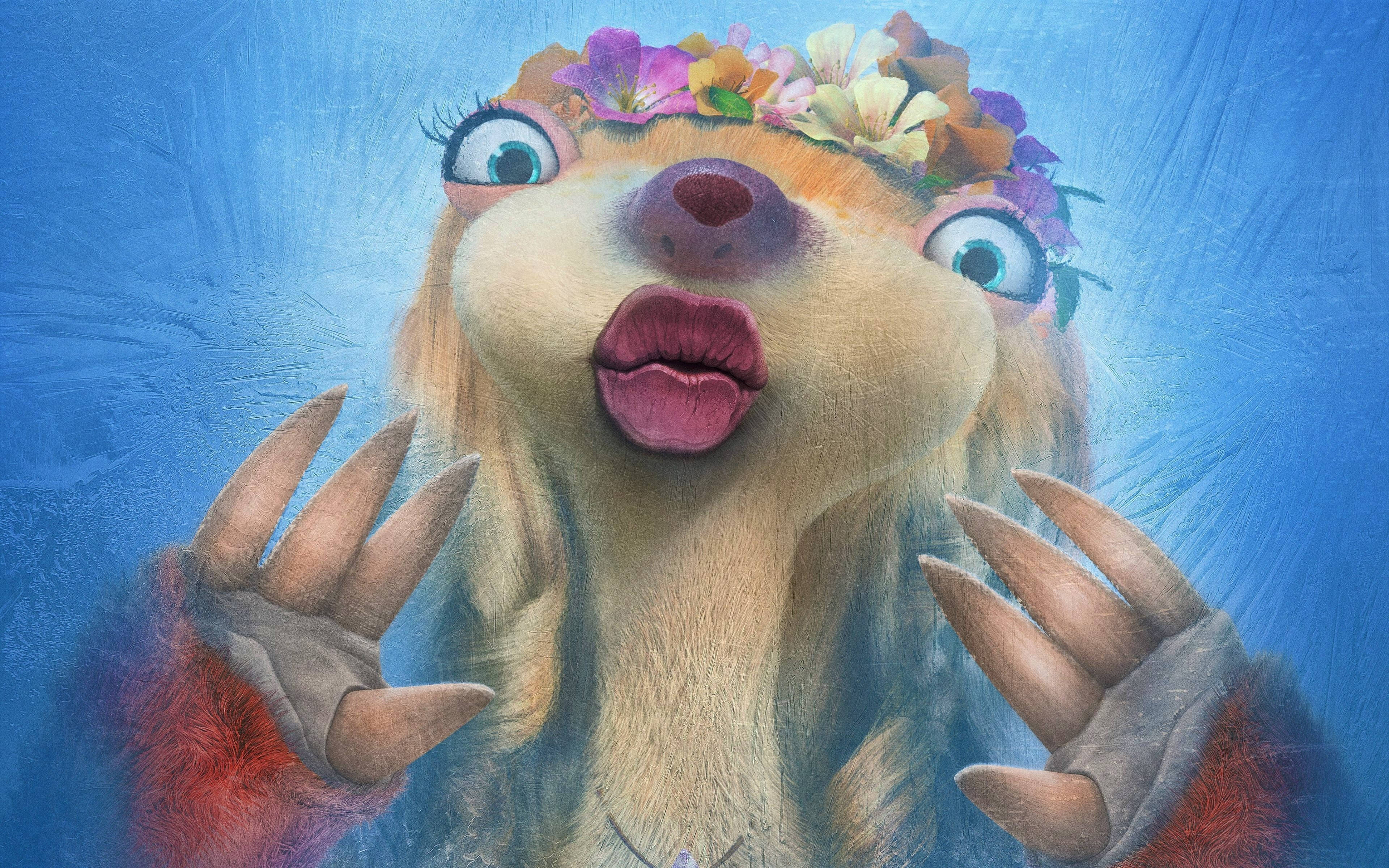 Ice Age 桌布 壁紙 — 一隻戴著彩色花冠、睜大眼睛的驚訝樹懶，在帶紋理的藍色背景上向上看。
