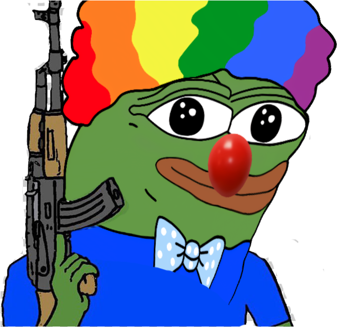 pepe frog 桌布 壁紙 — 一隻戴著彩虹假髮和紅鼻子的卡通青蛙，身穿藍色襯衫和波點蝴蝶結，手持突擊步槍。