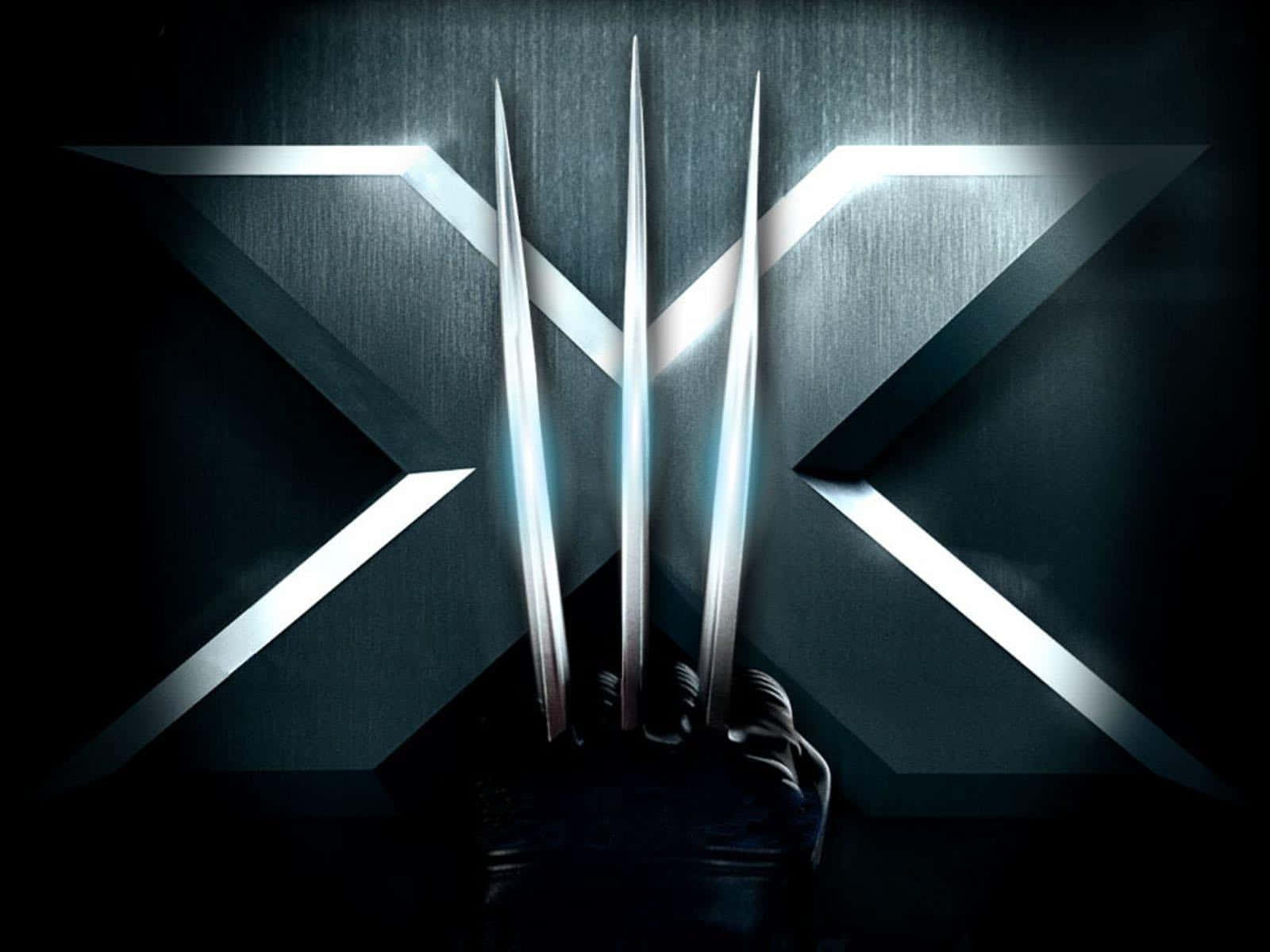 Adamantium 桌布 壁紙 — 一隻戴著手套的手從黑暗中伸出，握著三根閃亮的亞德曼金屬爪，背景是金屬X形。
