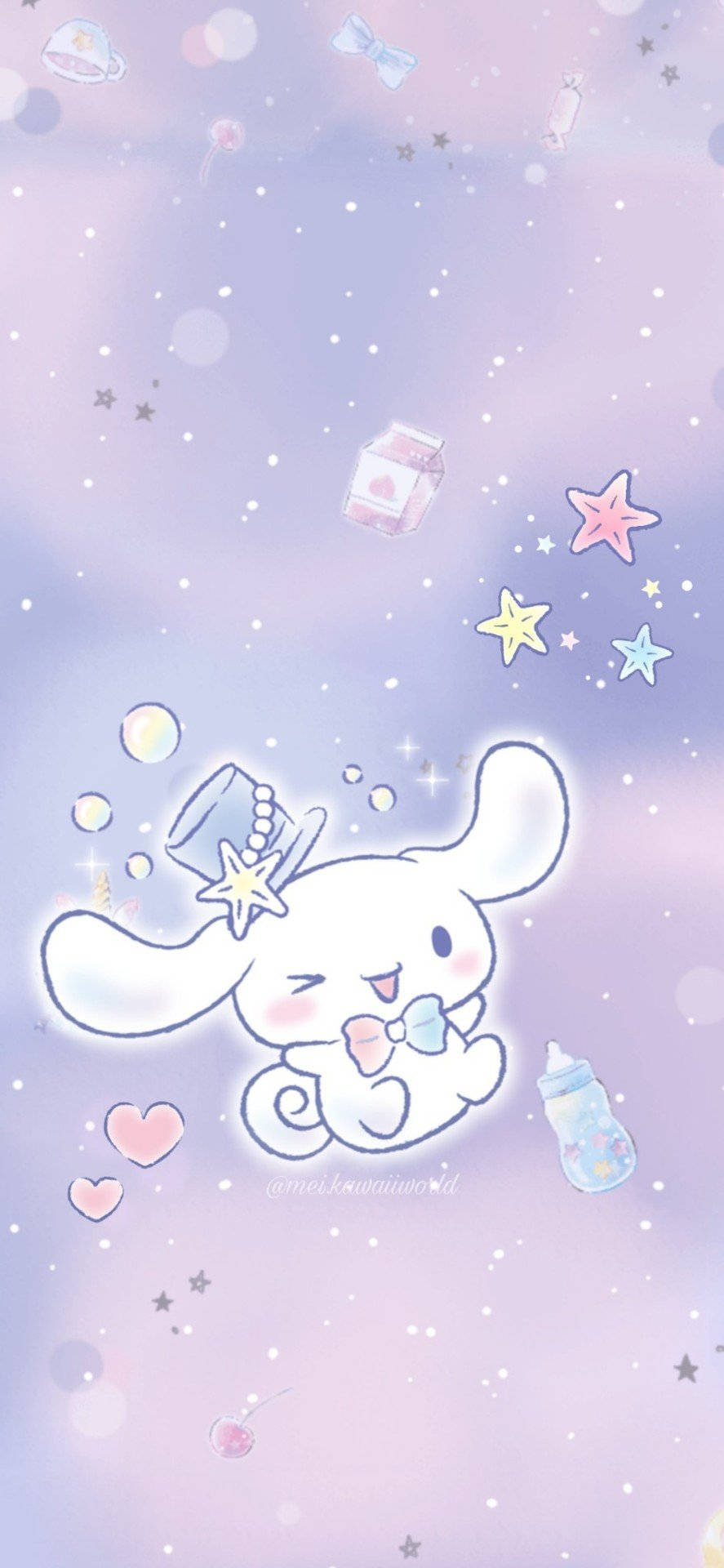 Cute Sanrio 桌布 壁紙 — 一隻戴著星星帽的可愛小白兔漂浮在充滿星星、愛心和漂浮瓶子的夢幻粉彩天空中。