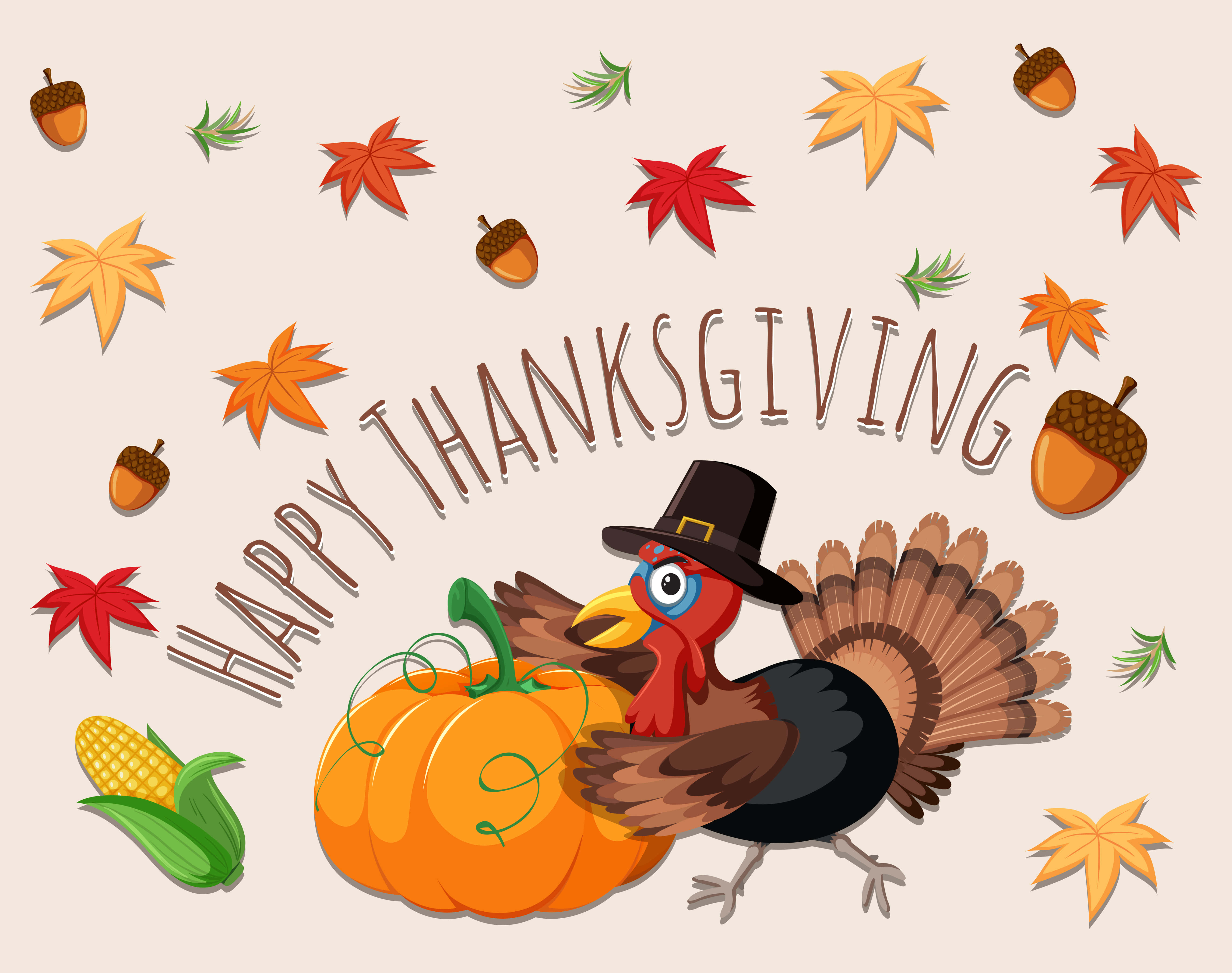 Happy Thanksgiving 桌布 壁紙 — 一隻戴著朝聖帽的卡通火雞站在南瓜旁邊，周圍環繞著飄落的秋葉和橡子。