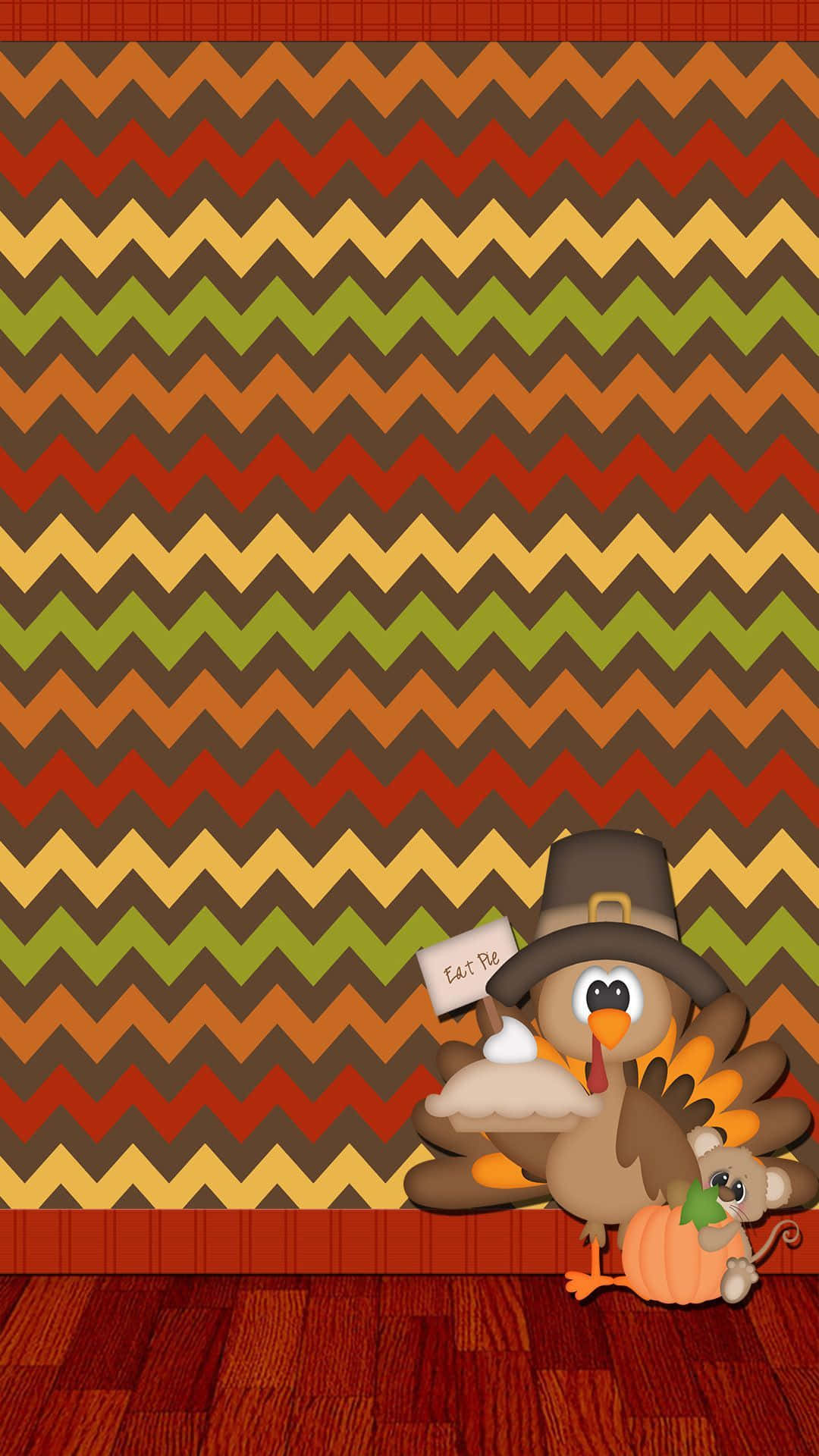 Thanksgiving Phone 桌布 壁紙 — 一隻戴著朝聖者帽子的卡通火雞，旁邊有一隻老鼠和一個南瓜，背景是鋸齒形秋天圖案的牆壁，牠舉著一個牌子。