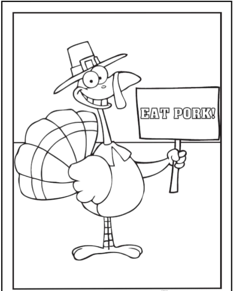 Turkey Coloring 桌布 壁紙 — 一隻戴著朝聖者帽子的卡通火雞舉著一個寫著「吃豬肉！」的牌子