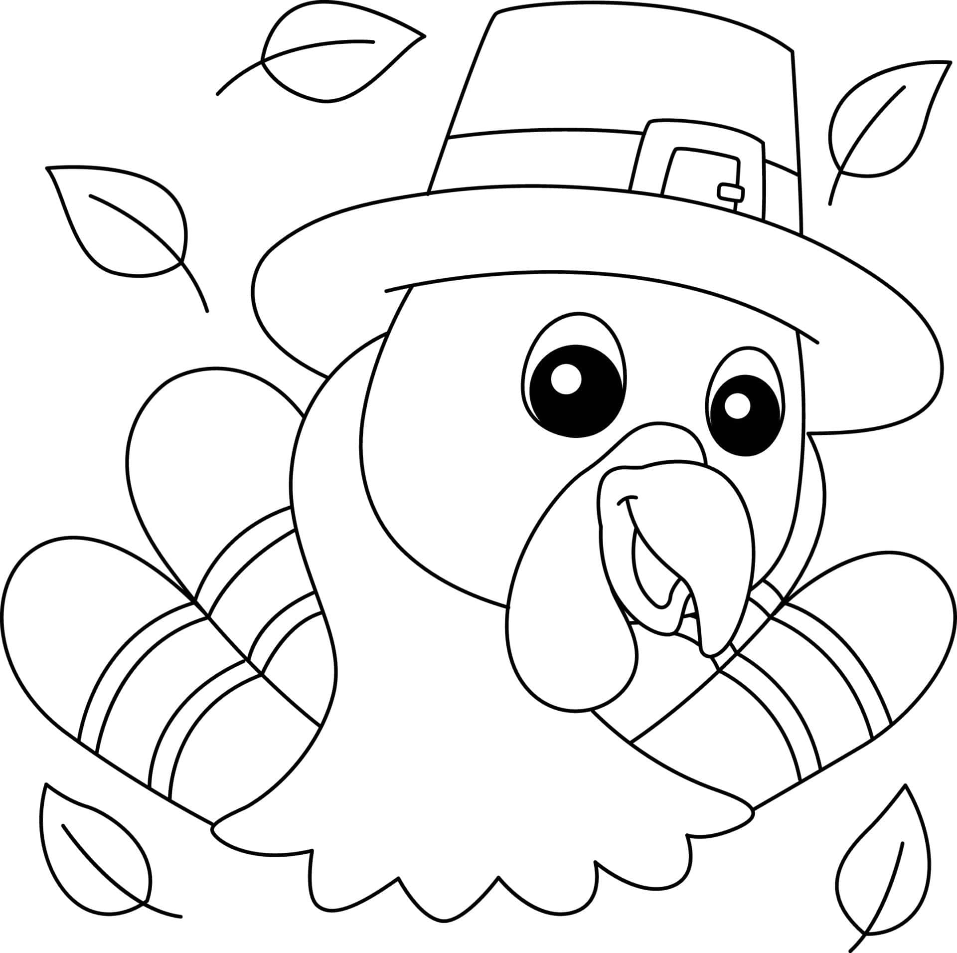Turkey Coloring 桌布 壁紙 — 一隻戴著朝聖者帽子的快樂卡通火雞，周圍有樹葉飄浮，黑白輪廓。